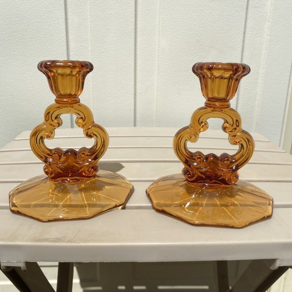 Cambridge Other - CAMBRIDGE GLASS CO - AMBER KEY HOLE CANDLESTICK #3400/646 SET 2 PACK